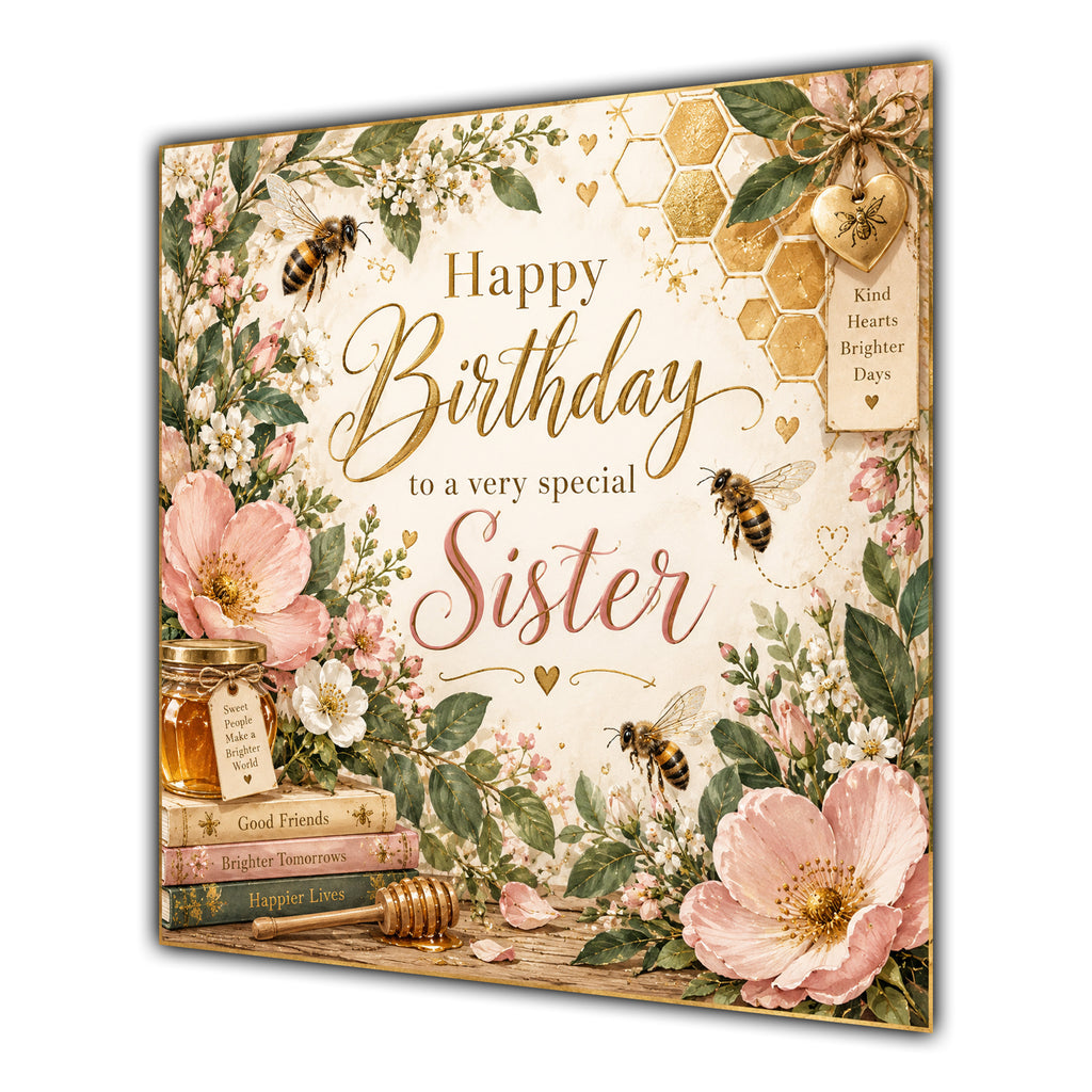 Sister Birthday Card Bumblebees Honey Flowers