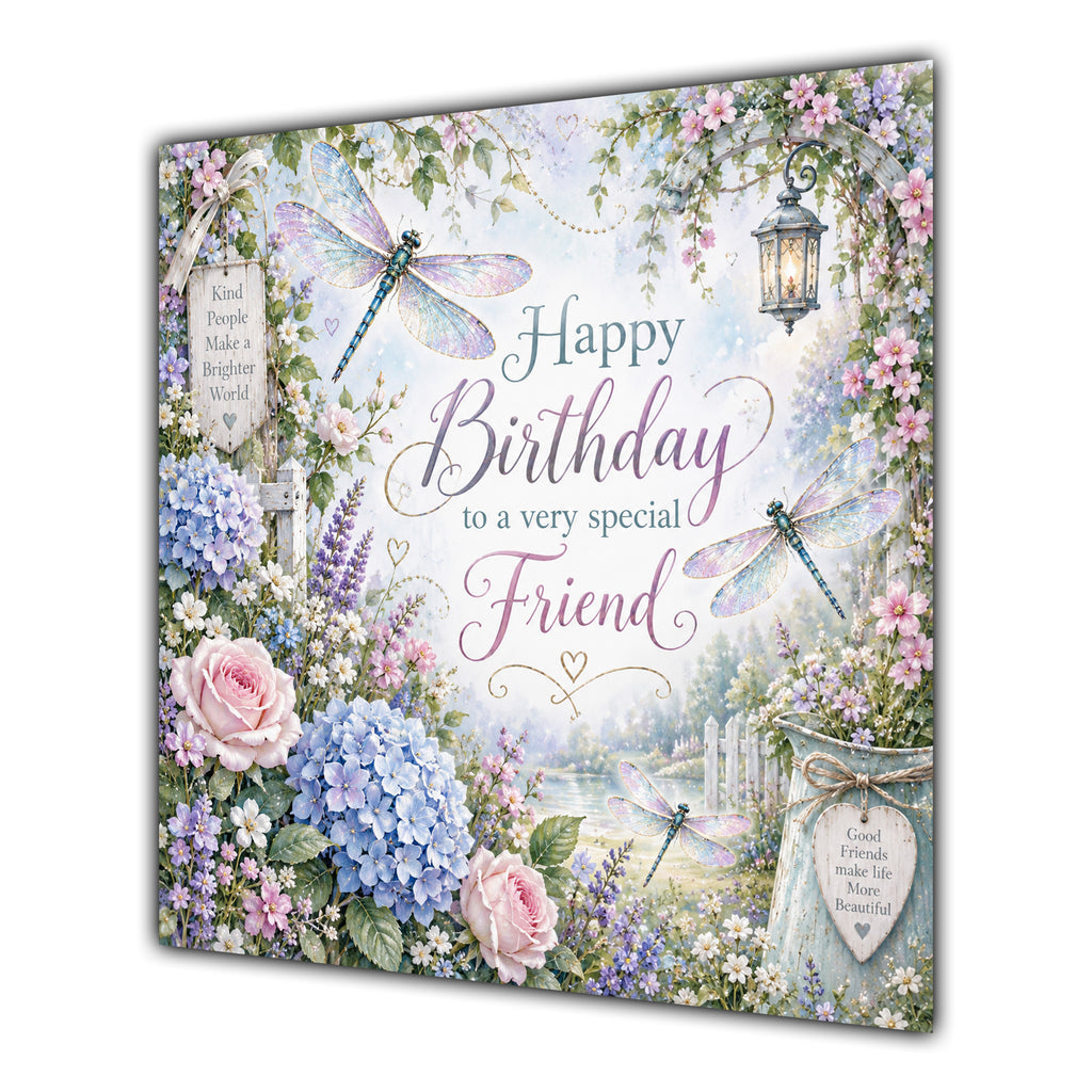 Friend Birthday Card Dragonflies Flower Garden
