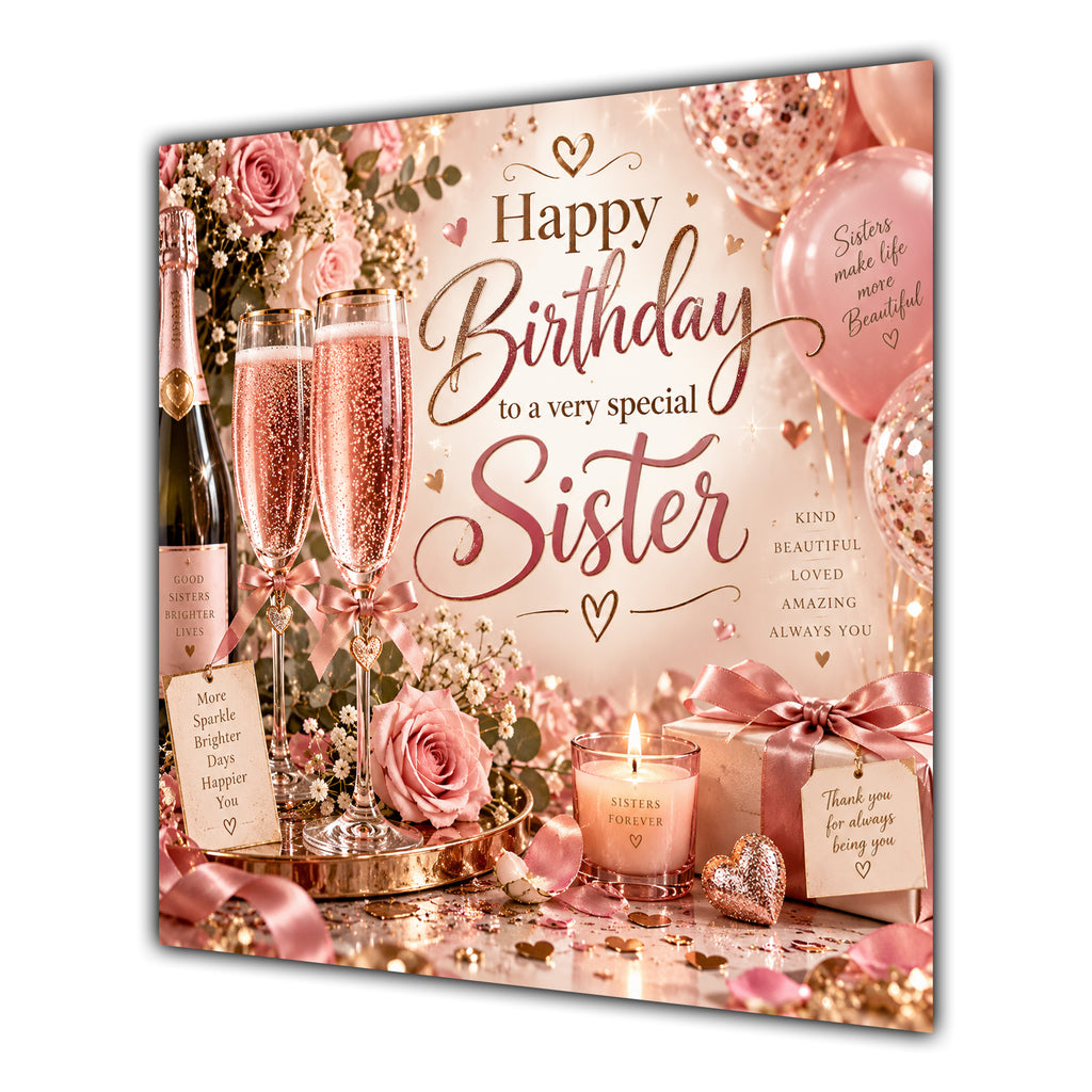Sister Birthday Card Pink Champagne Celebration