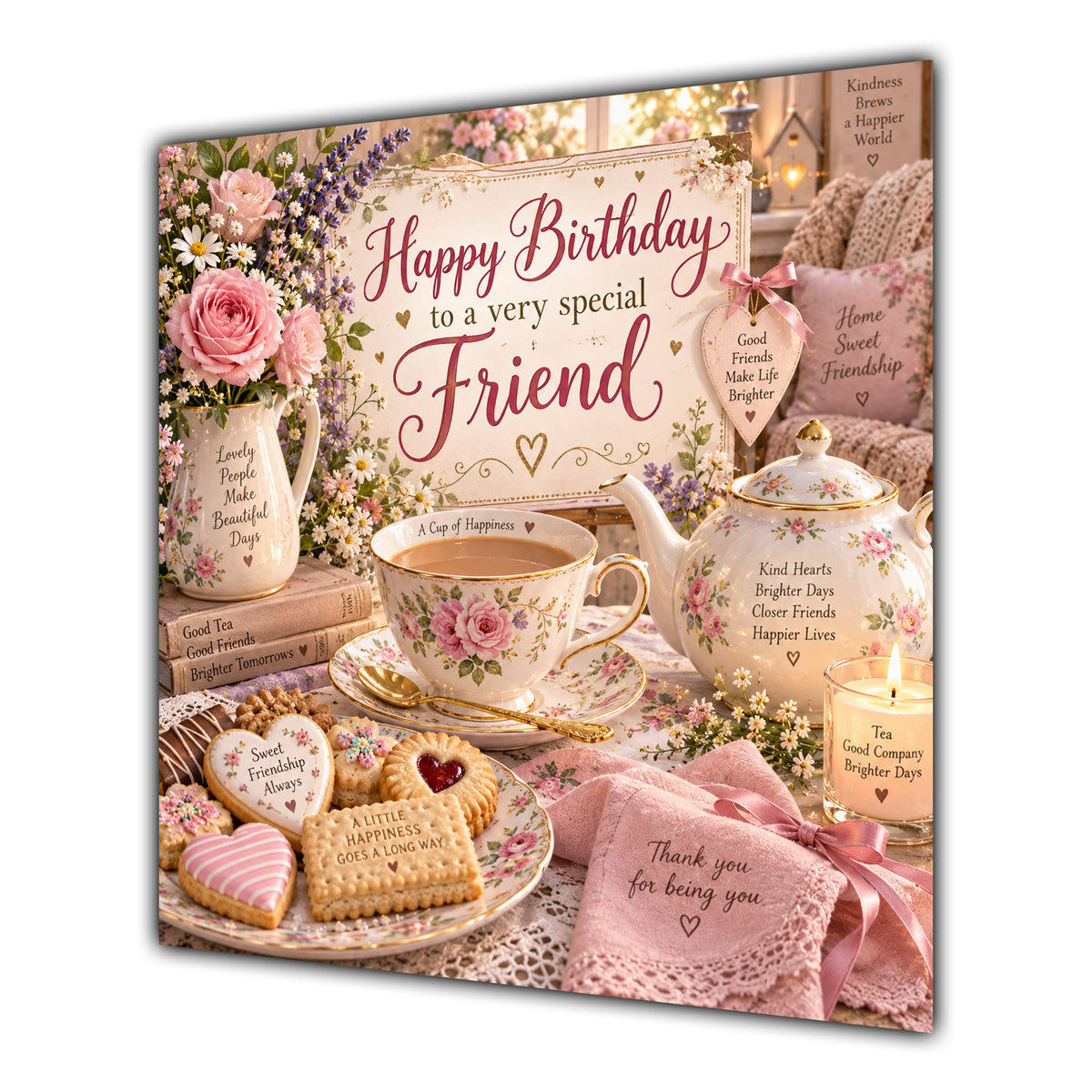 Friend Birthday Card Tea Biscuits Roses