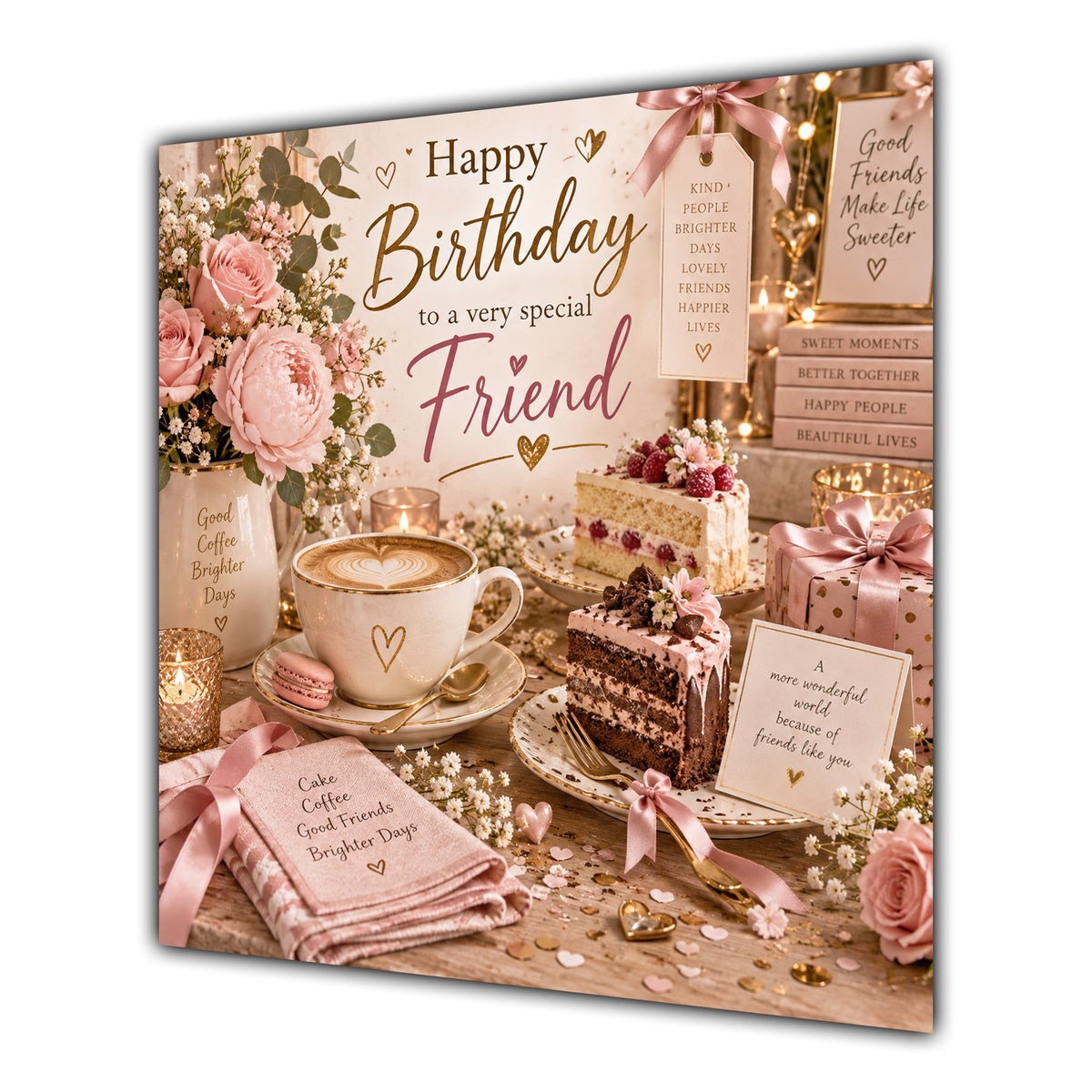 Friend Birthday Card Coffee Cake Roses