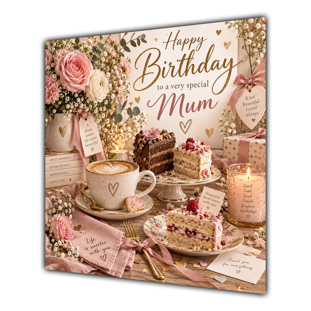 Mum Birthday Card Coffee Cake Roses