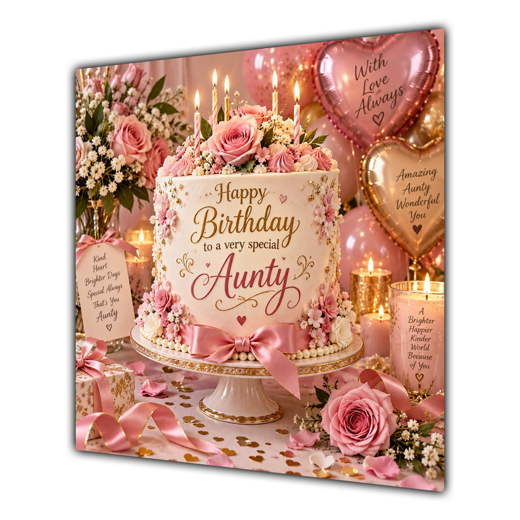 Aunty Birthday Card Pink Birthday Cake Balloons