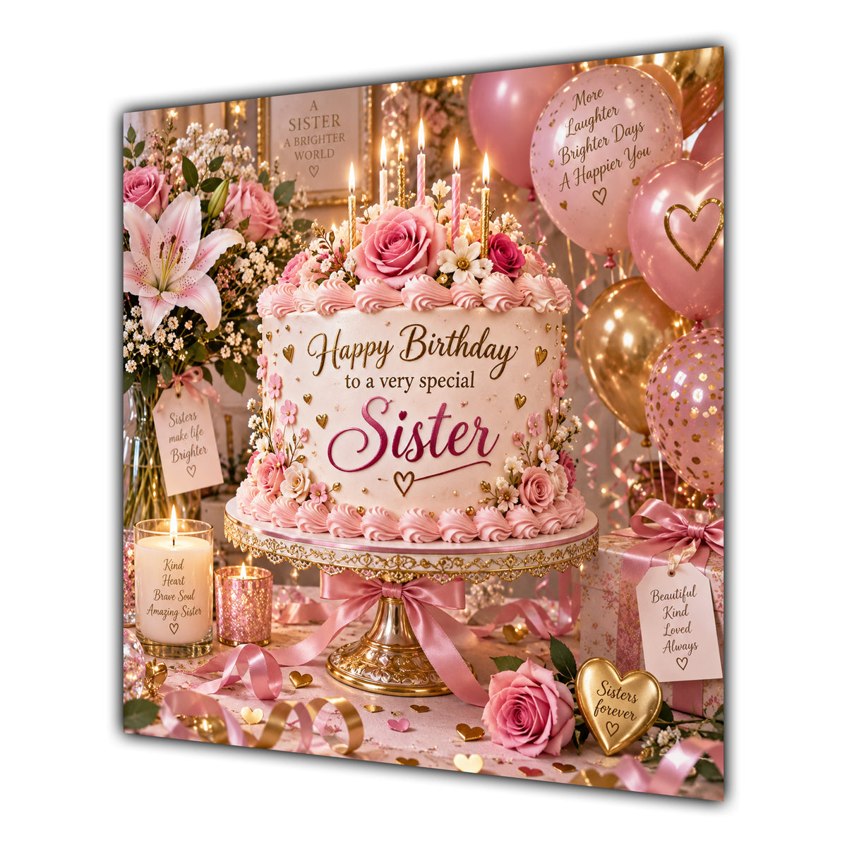 Sister Birthday Card Pink Birthday Cake Balloons
