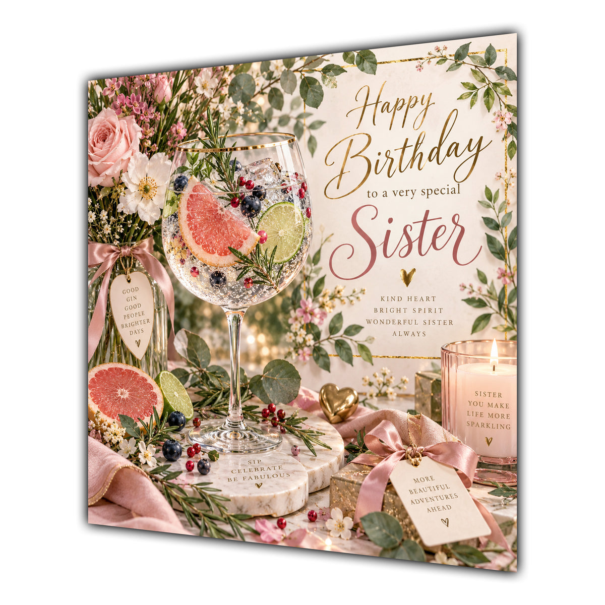 Sister Birthday Card Gin Tonic Flowers