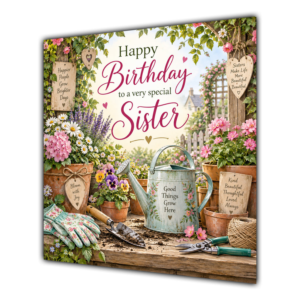 Sister Birthday Card Gardening Flowers Tools