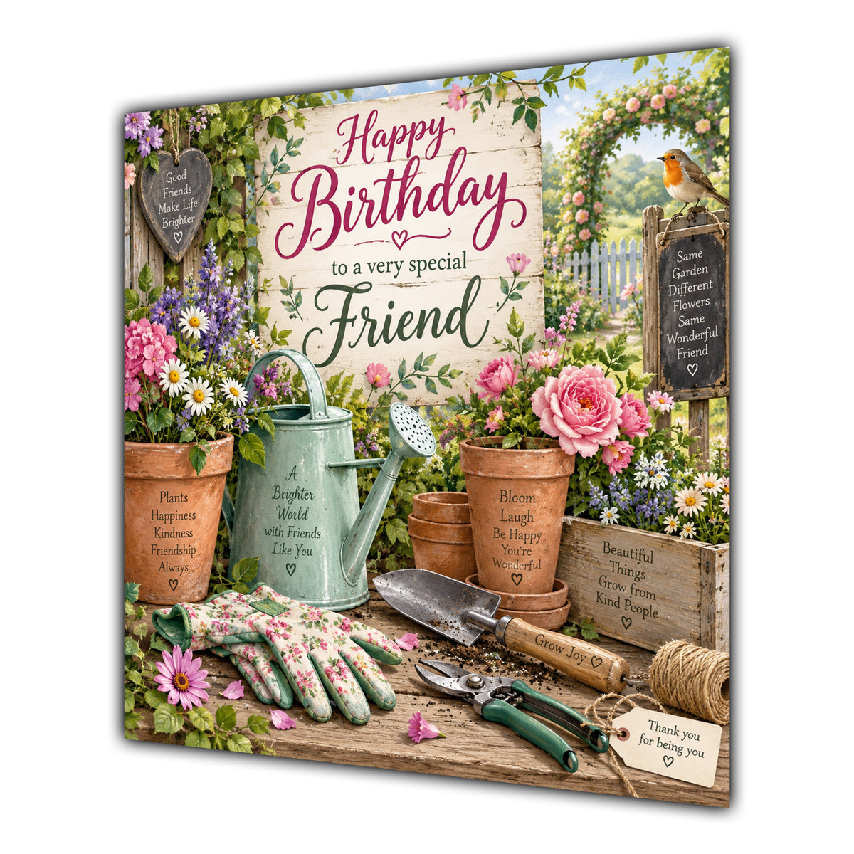 Friend Birthday Card Gardening Flowers Tools
