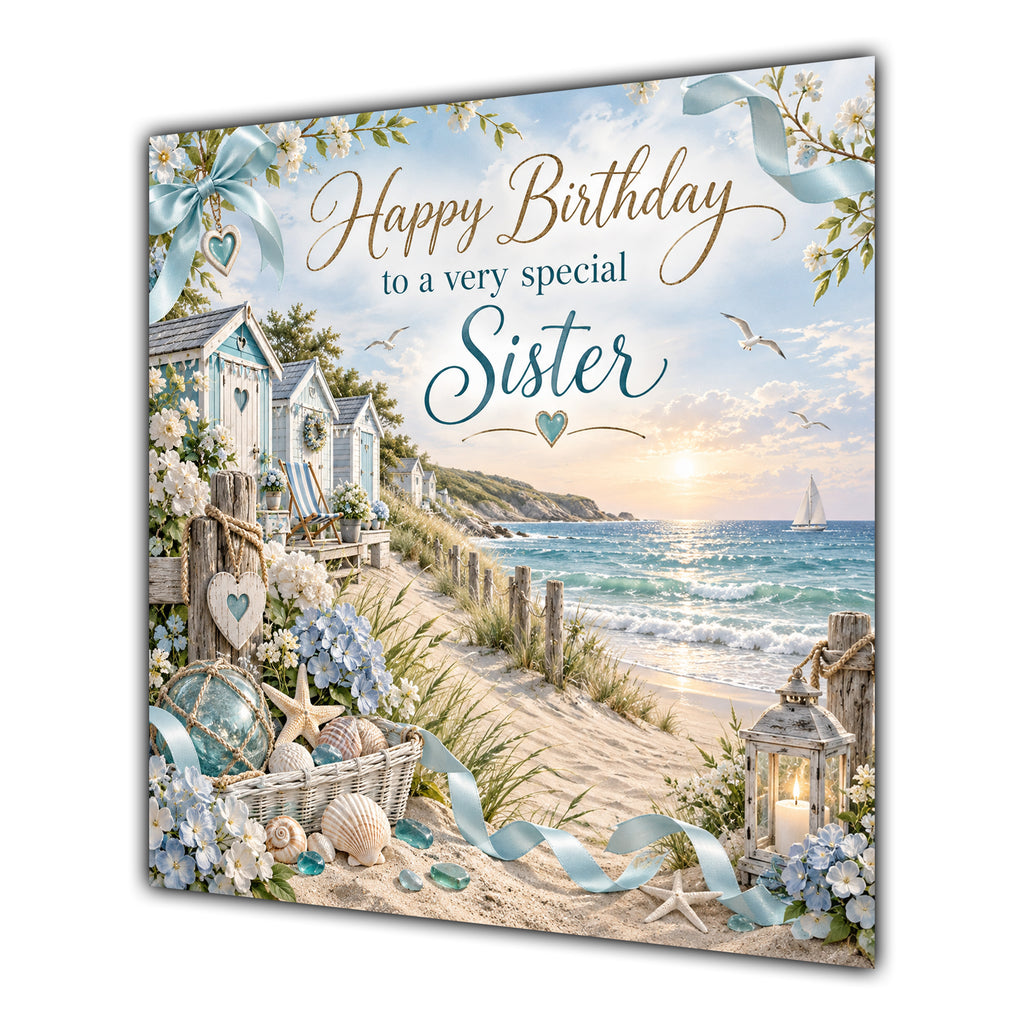 Sister Birthday Card Beach Huts Seaside