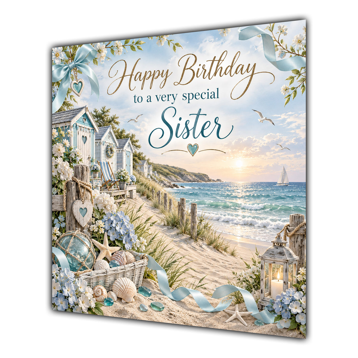 Sister Birthday Card Beach Huts Seaside