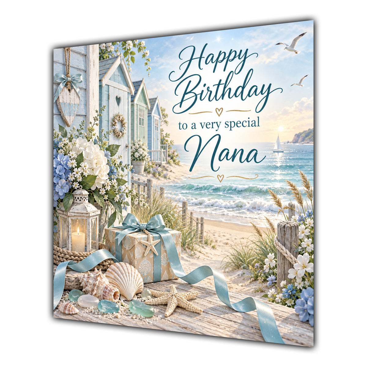 Nana Birthday Card Beach Huts Seaside
