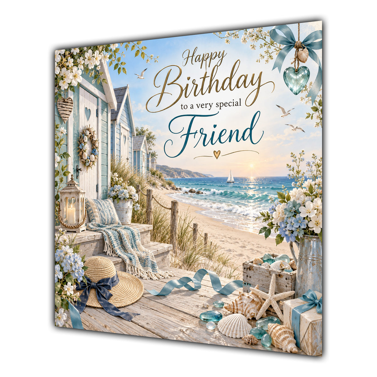 Friend Birthday Card Beach Huts Seaside
