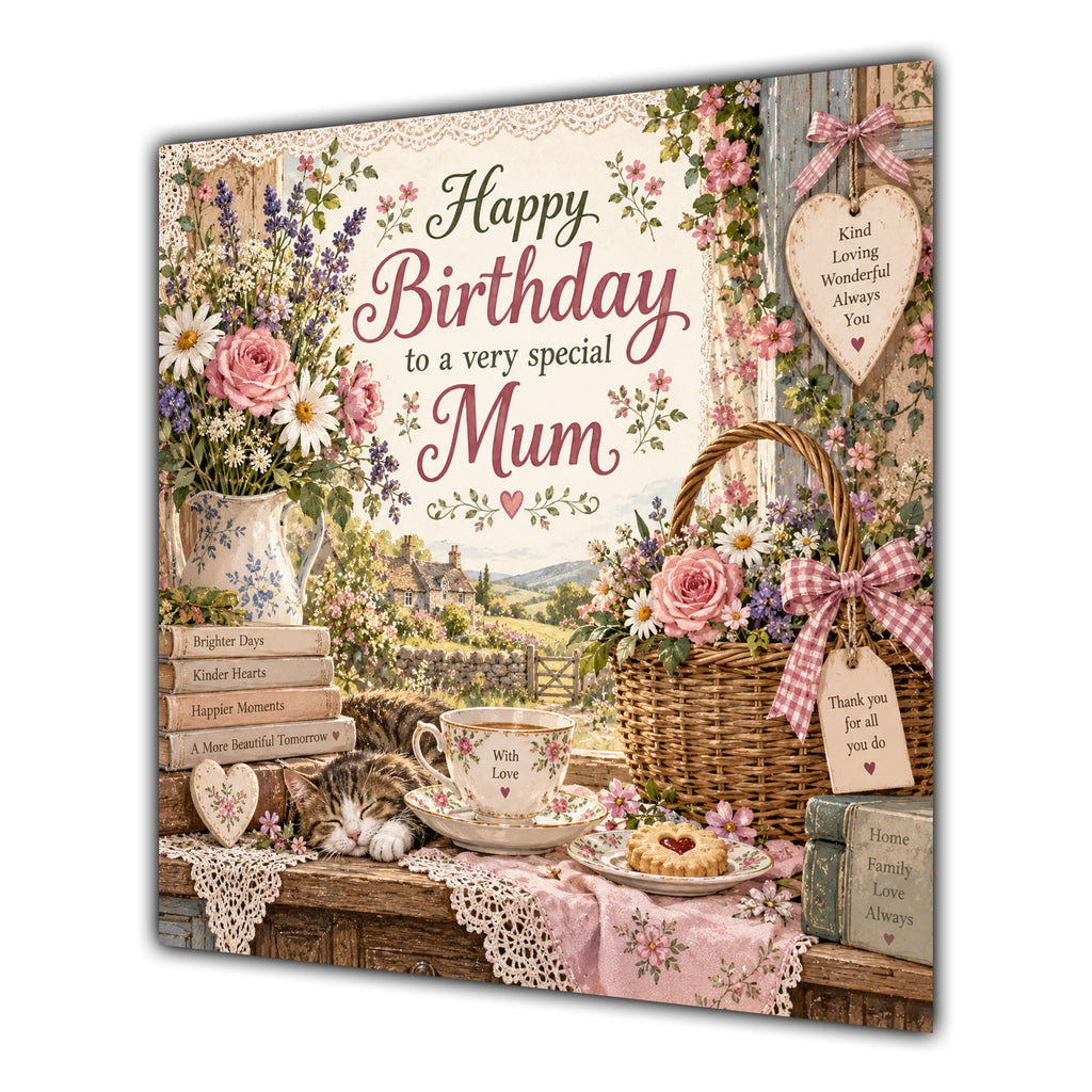 Mum Birthday Card Country Cottage Tea Flowers