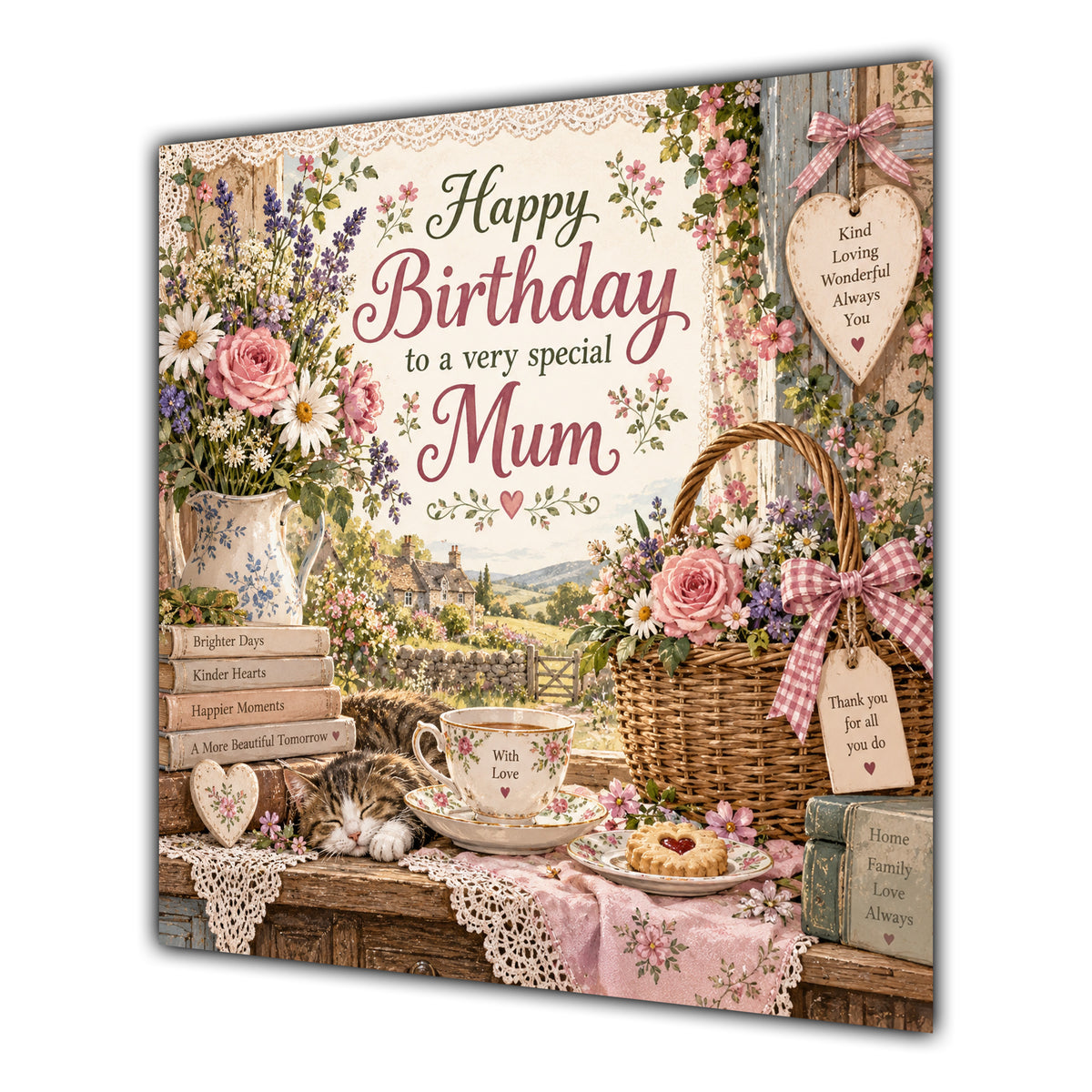 Mum Birthday Card Country Cottage Tea Flowers