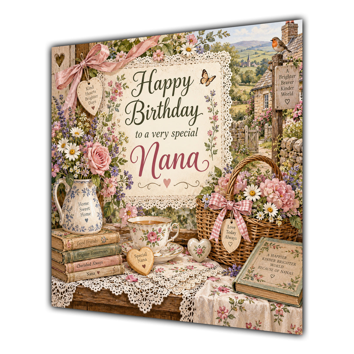 Nana Birthday Card Country Cottage Tea Flowers