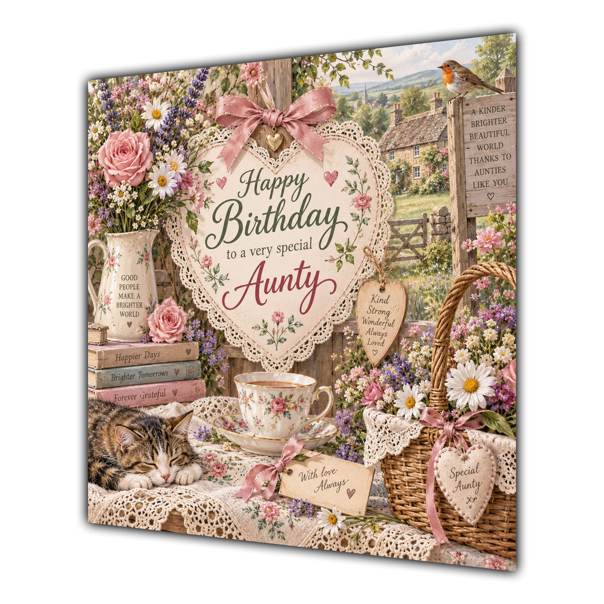 Aunty Birthday Card Country Cottage Tea Flowers