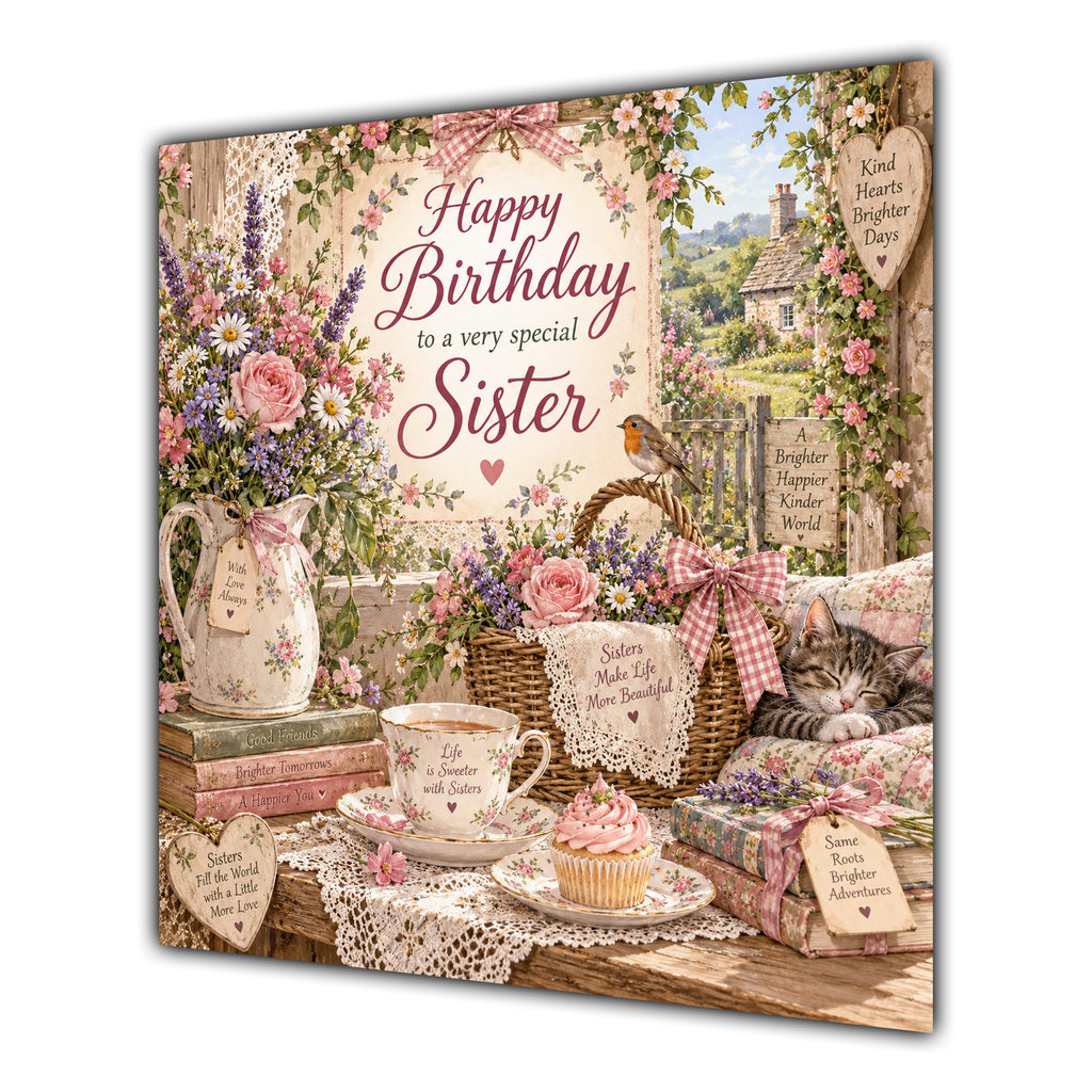 Sister Birthday Card Country Cottage Tea Flowers