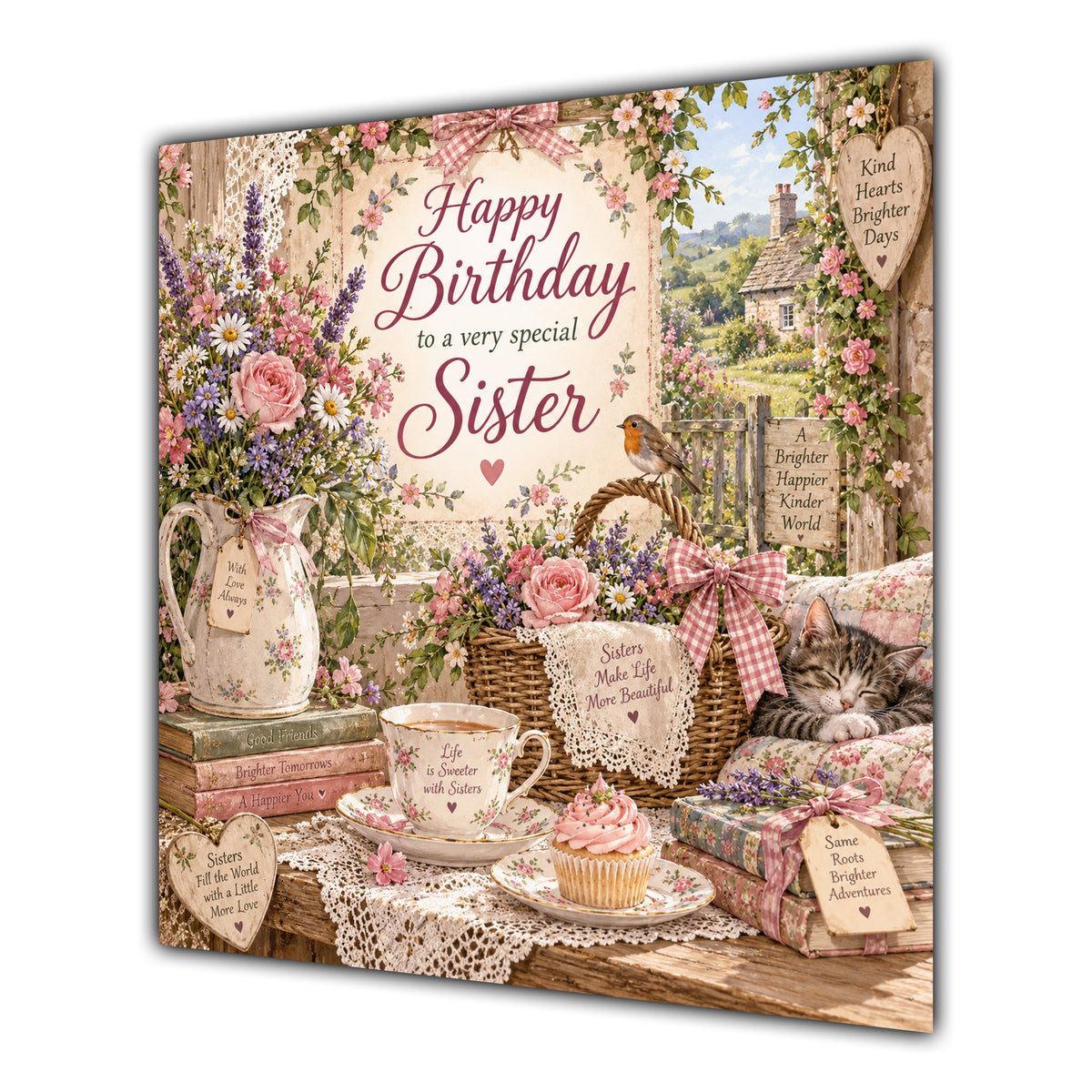 Sister Birthday Card Country Cottage Tea Flowers