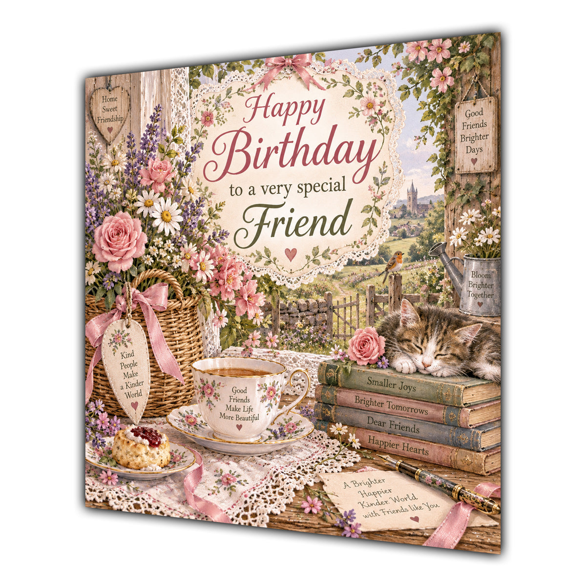 Friend Birthday Card Country Cottage Tea Flowers