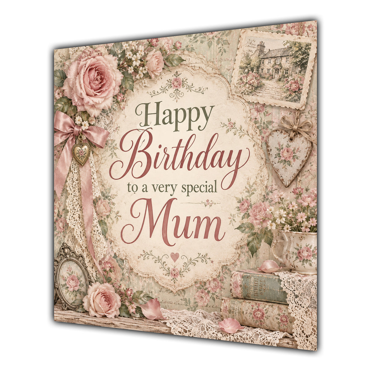 Mum Birthday Card Vintage Roses Lace Pearls