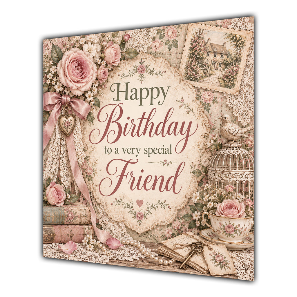 Friend Birthday Card Vintage Roses Lace Pearls