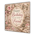 Friend Birthday Card Vintage Roses Lace Pearls