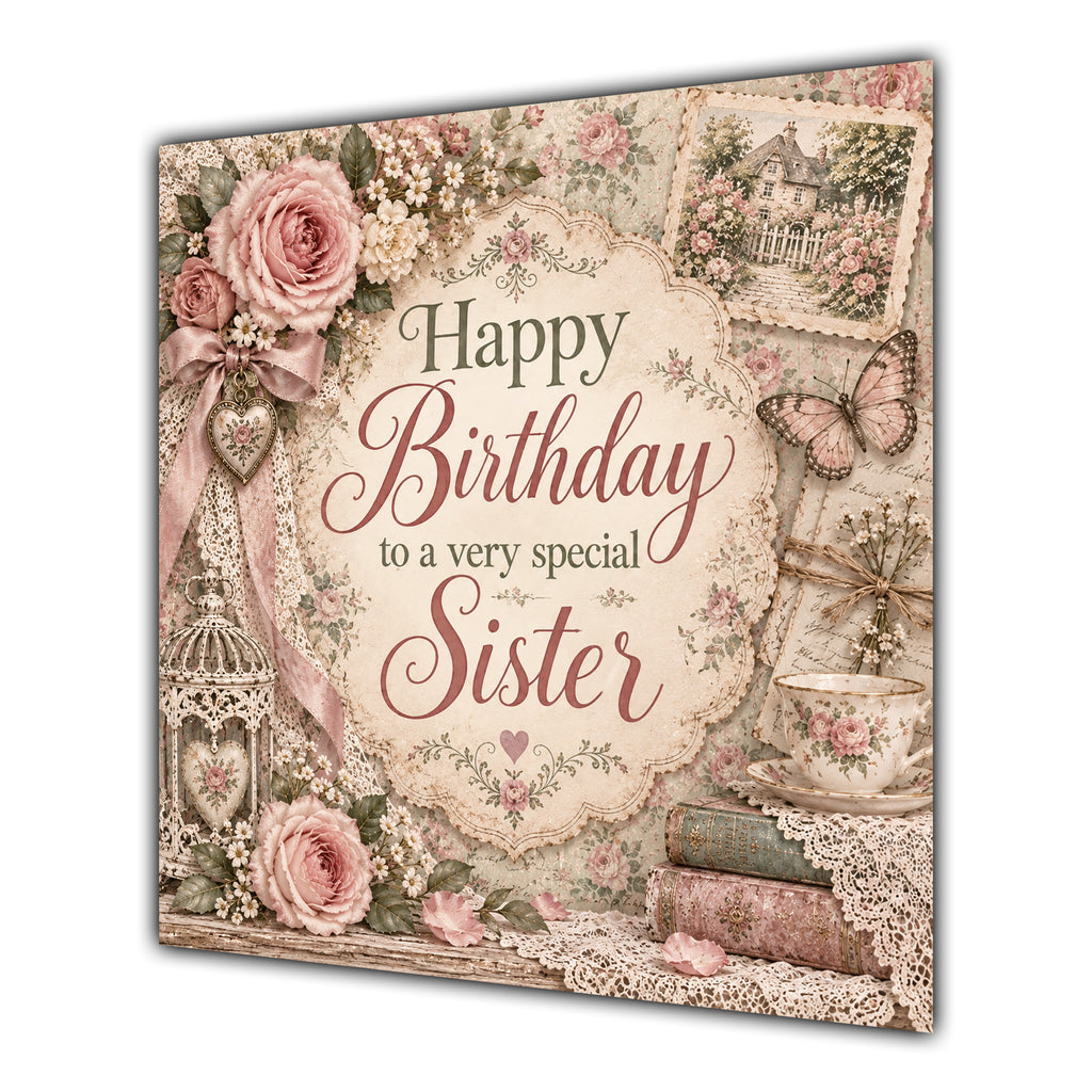 Sister Birthday Card Vintage Roses Lace Pearls
