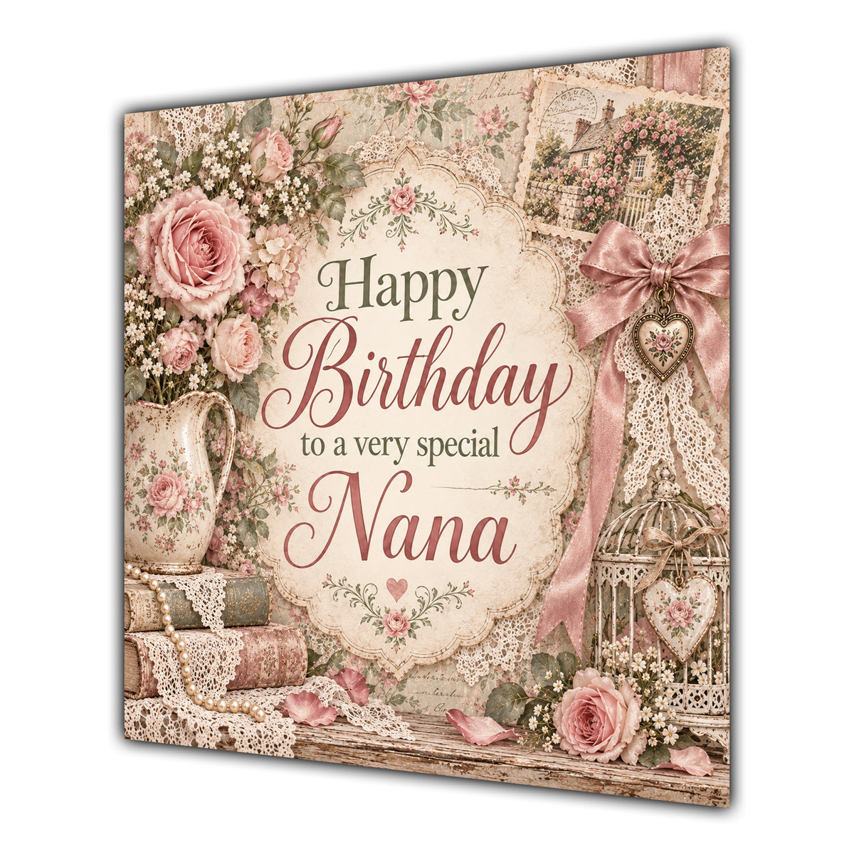 Nana Birthday Card Vintage Roses Lace Pearls