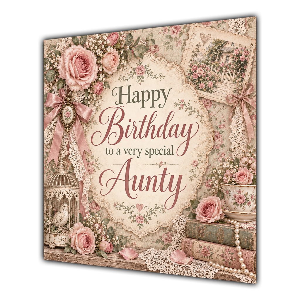 Aunty Birthday Card Vintage Roses Lace Pearls