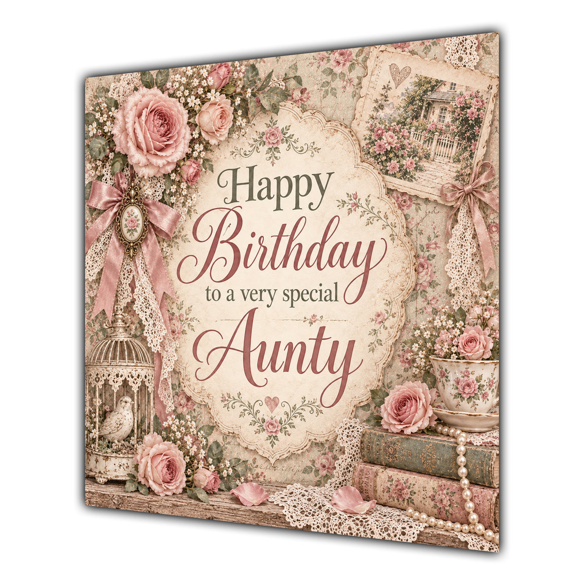 Aunty Birthday Card Vintage Roses Lace Pearls