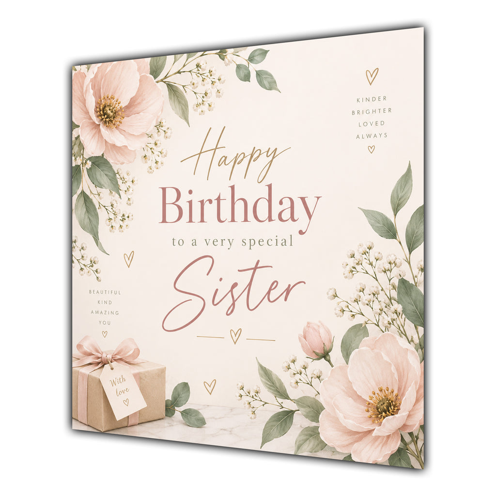 Sister Birthday Card Soft Pink Flowers Foliage