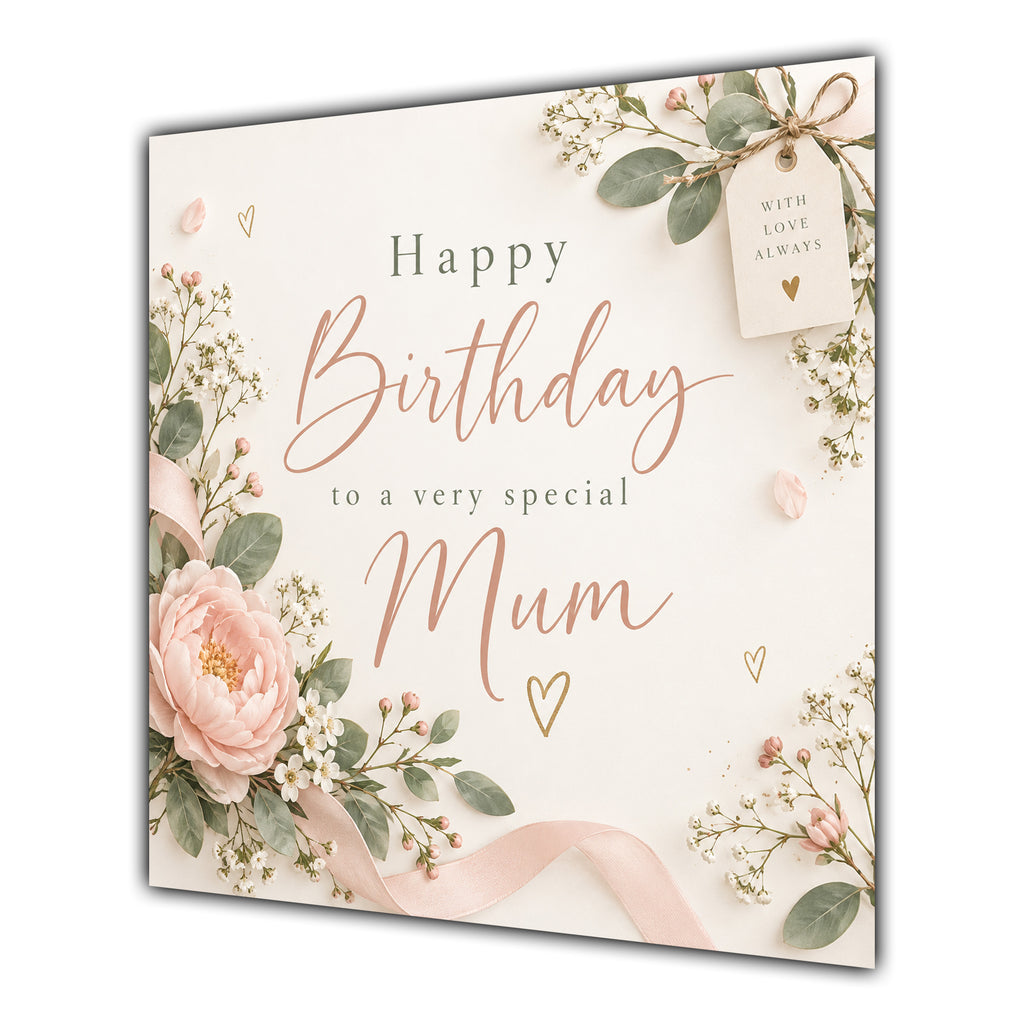 Mum Birthday Card Soft Pink Flowers Foliage