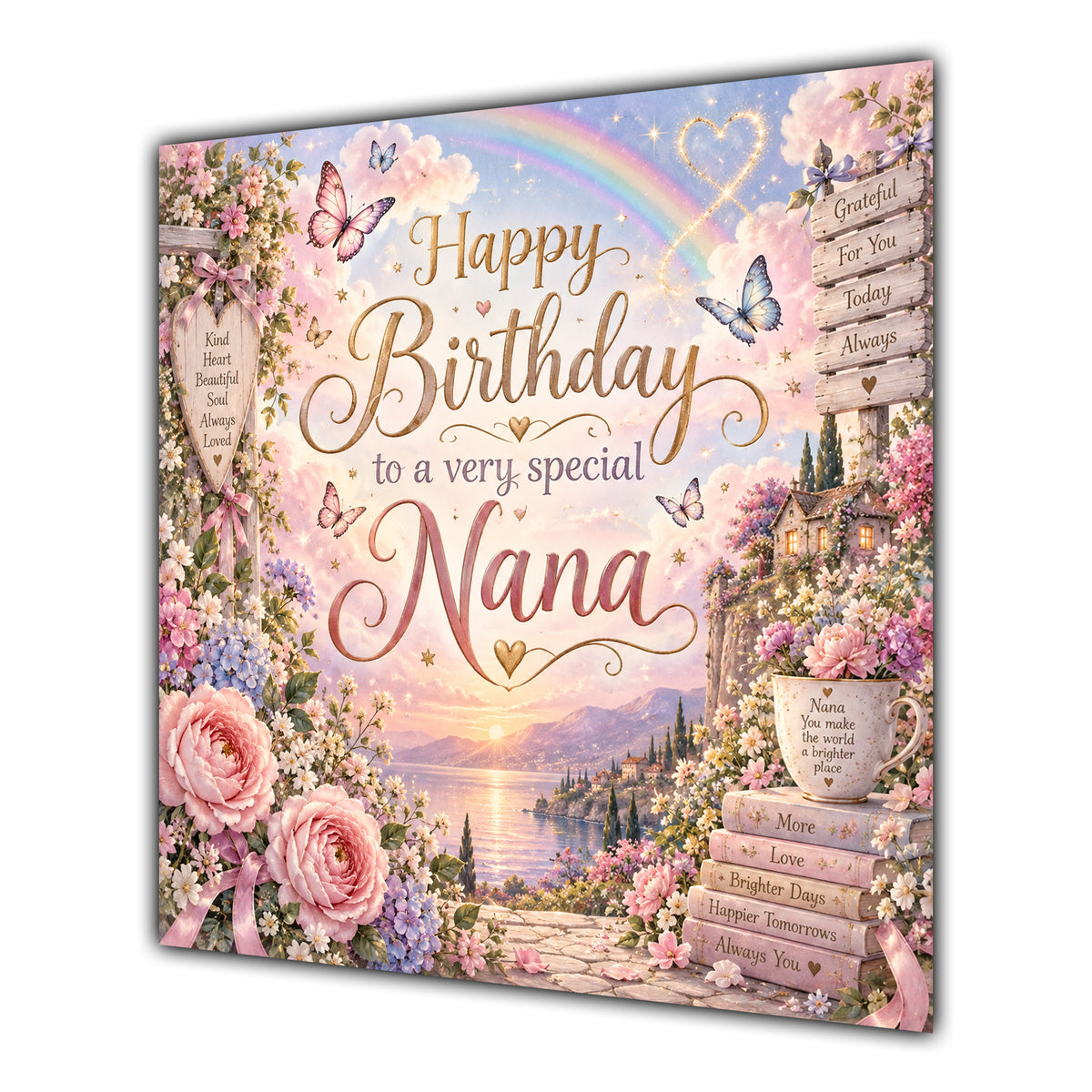 Nana Birthday Card Rainbow Butterflies Flowers