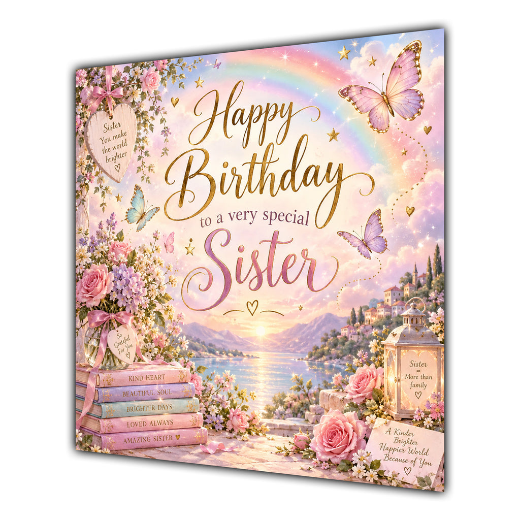 Sister Birthday Card Rainbow Butterflies Flowers