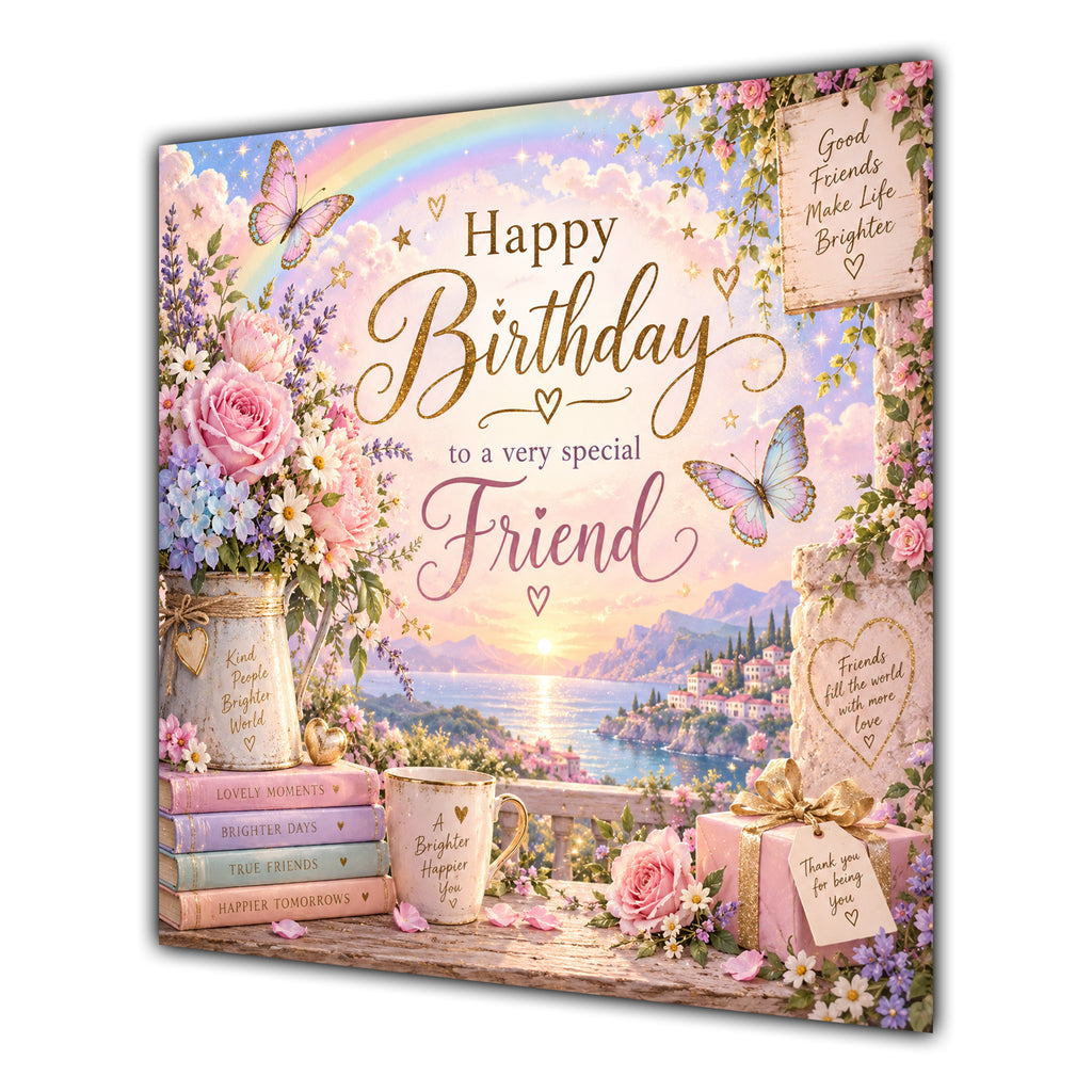Friend Birthday Card Rainbow Butterflies Flowers