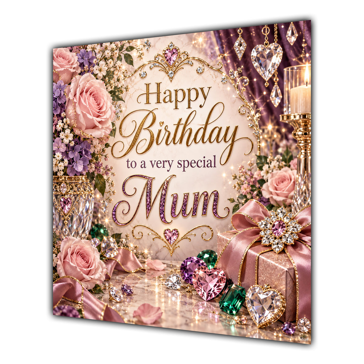 Mum Birthday Card Jewelled Hearts Roses