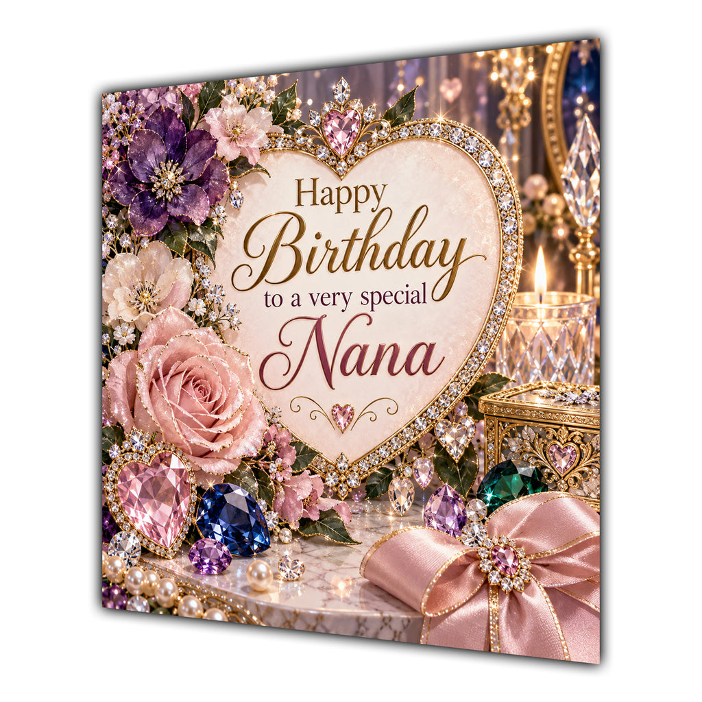 Nana Birthday Card Jewelled Hearts Roses