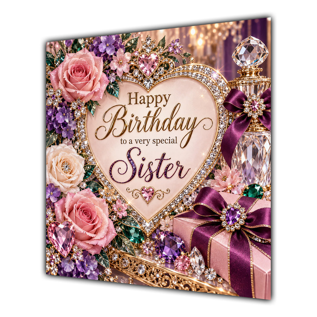 Sister Birthday Card Jewelled Hearts Roses