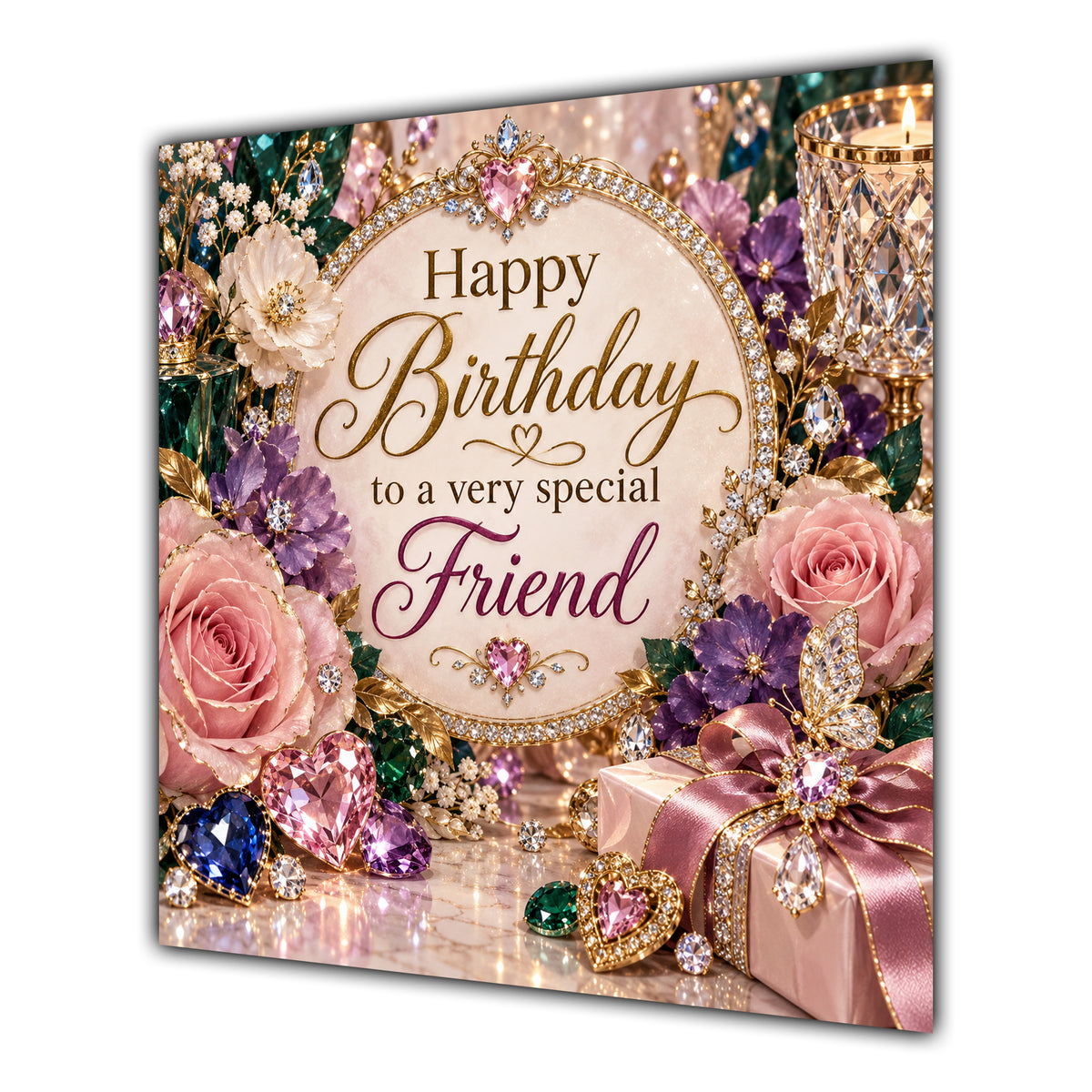 Friend Birthday Card Jewelled Hearts Roses