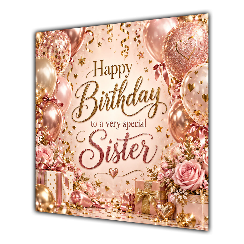 Sister Birthday Card Rose Gold Balloons Confetti