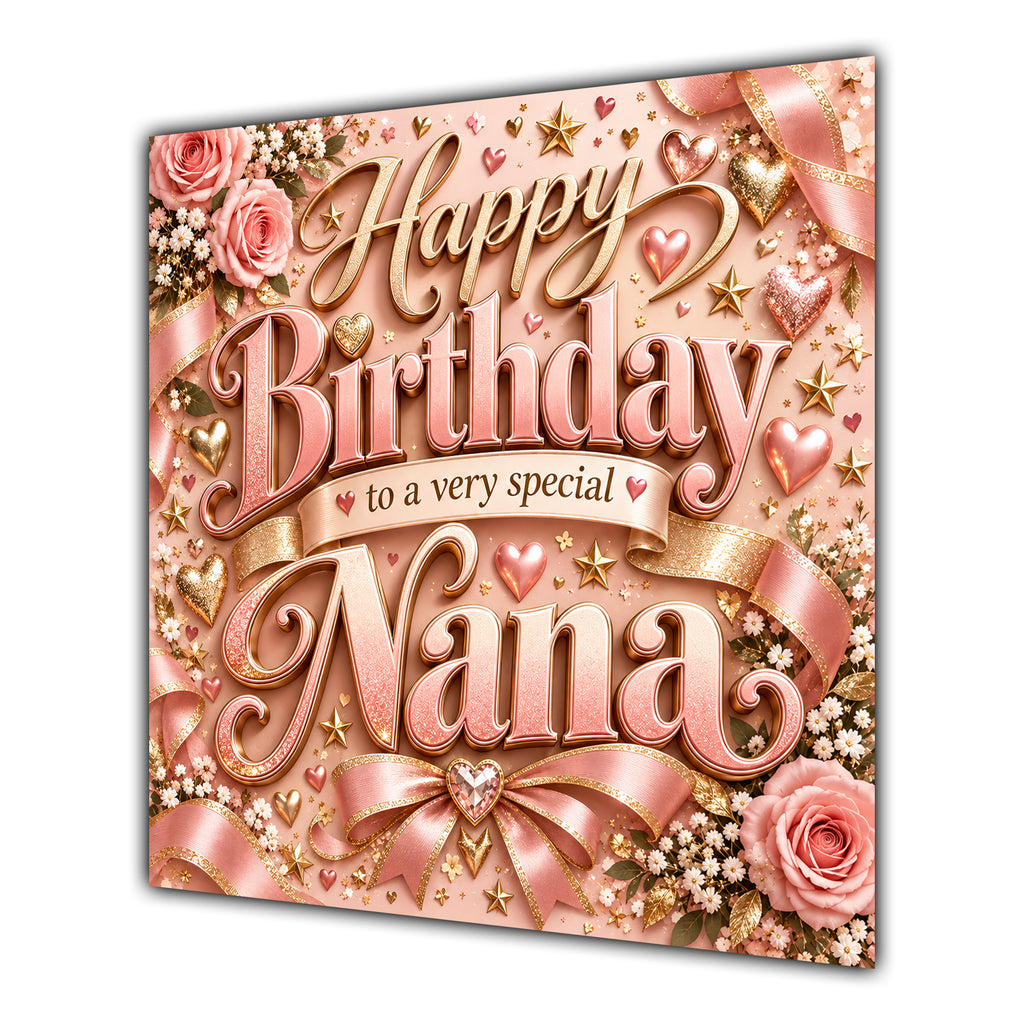 Nana Birthday Card Rose Gold Lettering Hearts