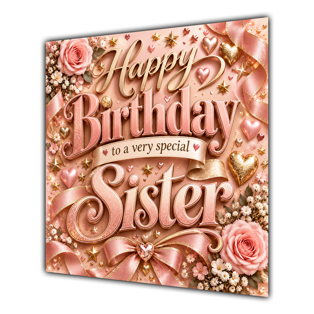Sister Birthday Card Rose Gold Lettering Hearts