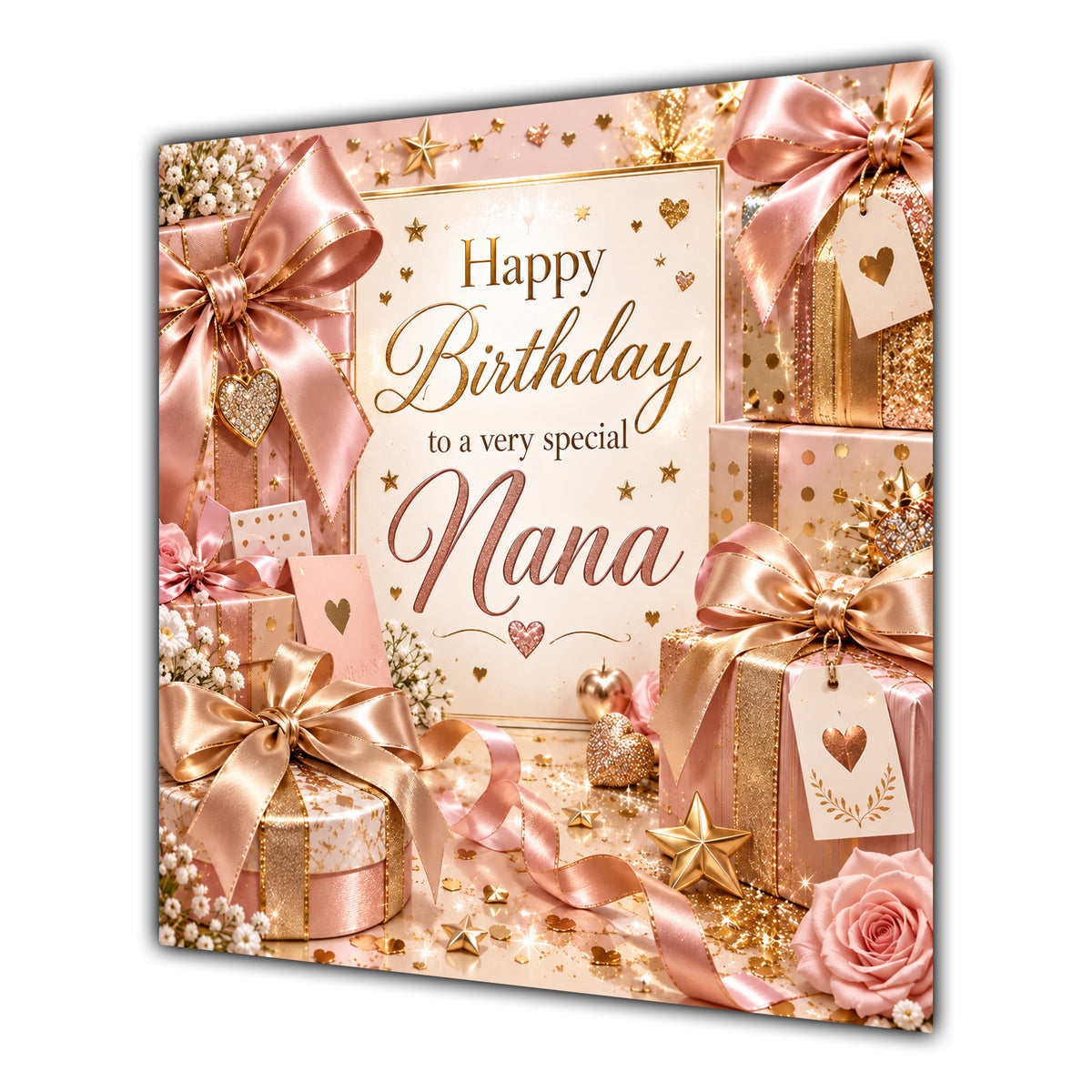 Nana Birthday Card Rose Gold Gift Boxes Bows