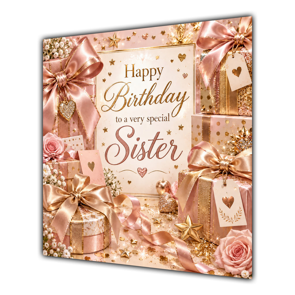 Sister Birthday Card Rose Gold Gift Boxes Bows