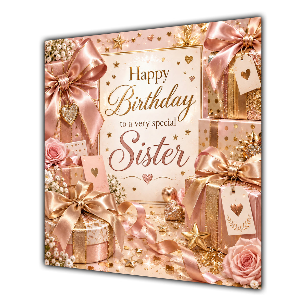 Sister Birthday Card Rose Gold Gift Boxes Bows