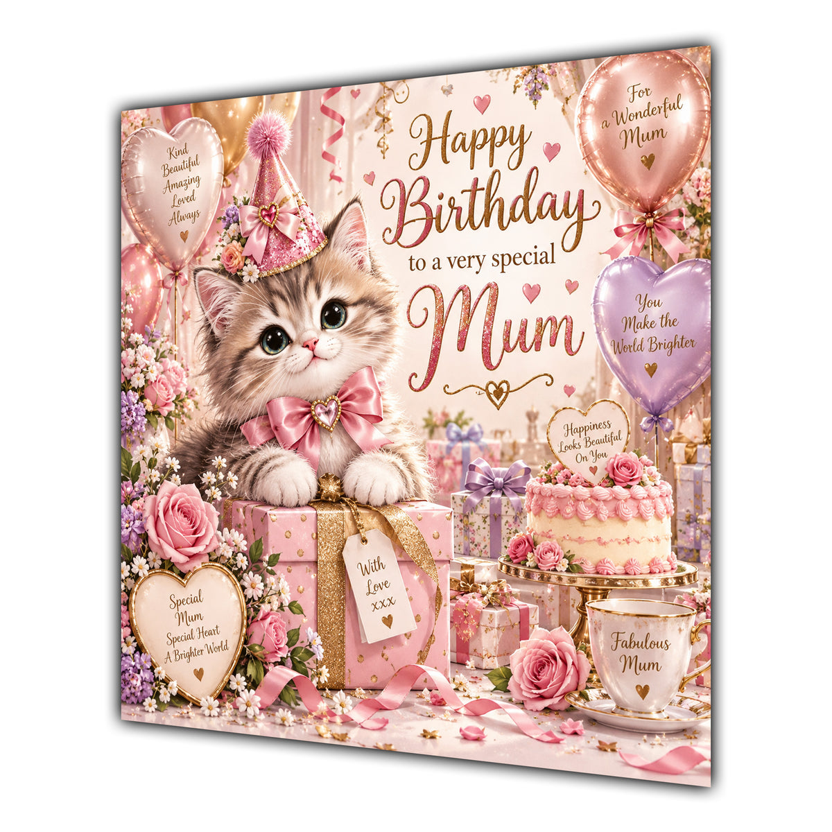 Mum Birthday Card Cute Kitten Balloons