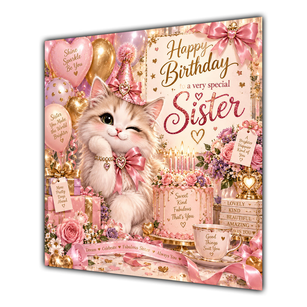 Sister Birthday Card Cute Kitten Balloons