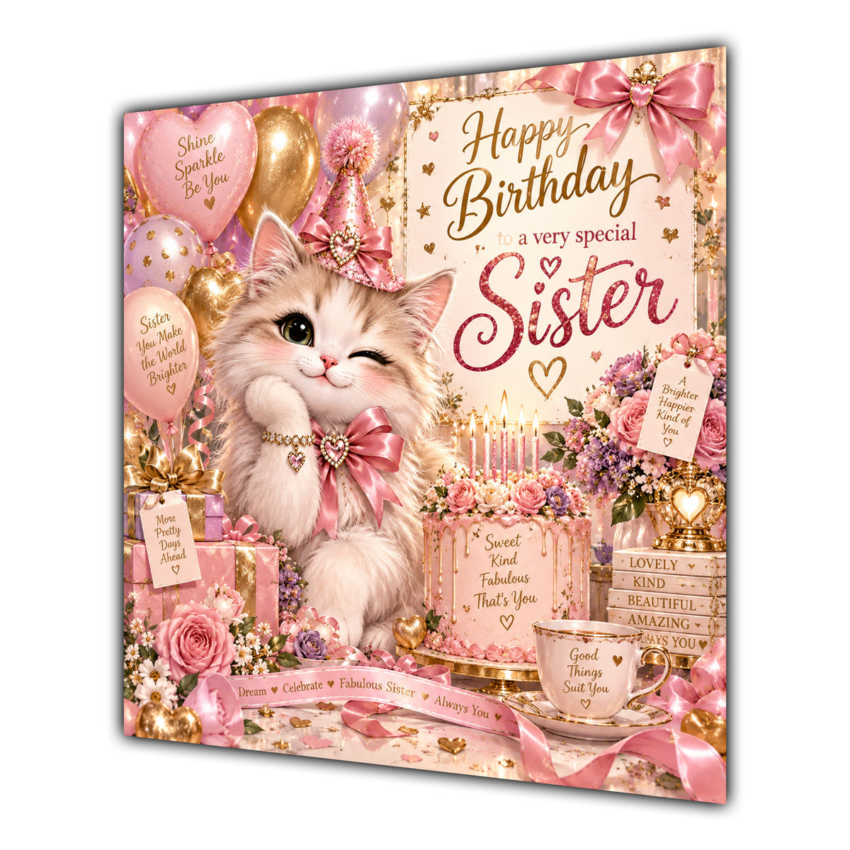 Sister Birthday Card Cute Kitten Balloons