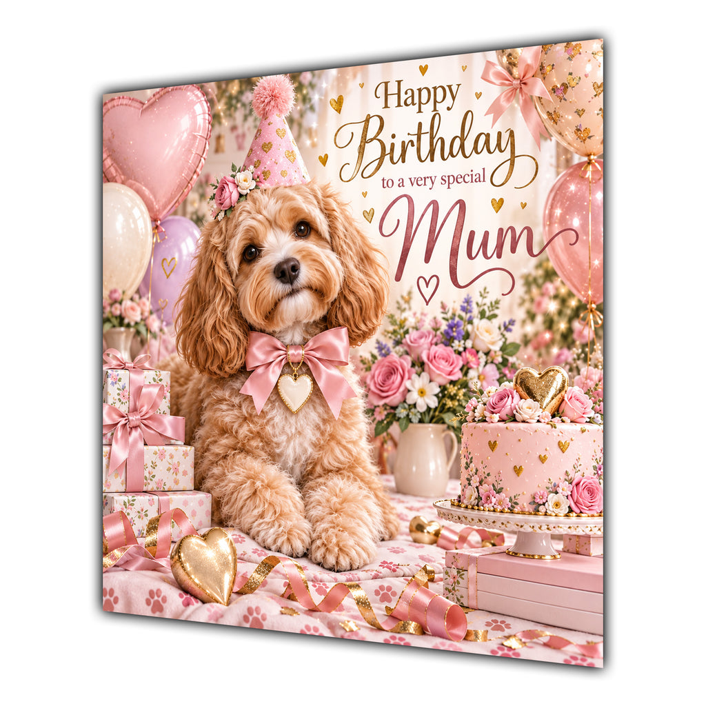 Mum Birthday Card Cockapoo Dog Pink Balloons