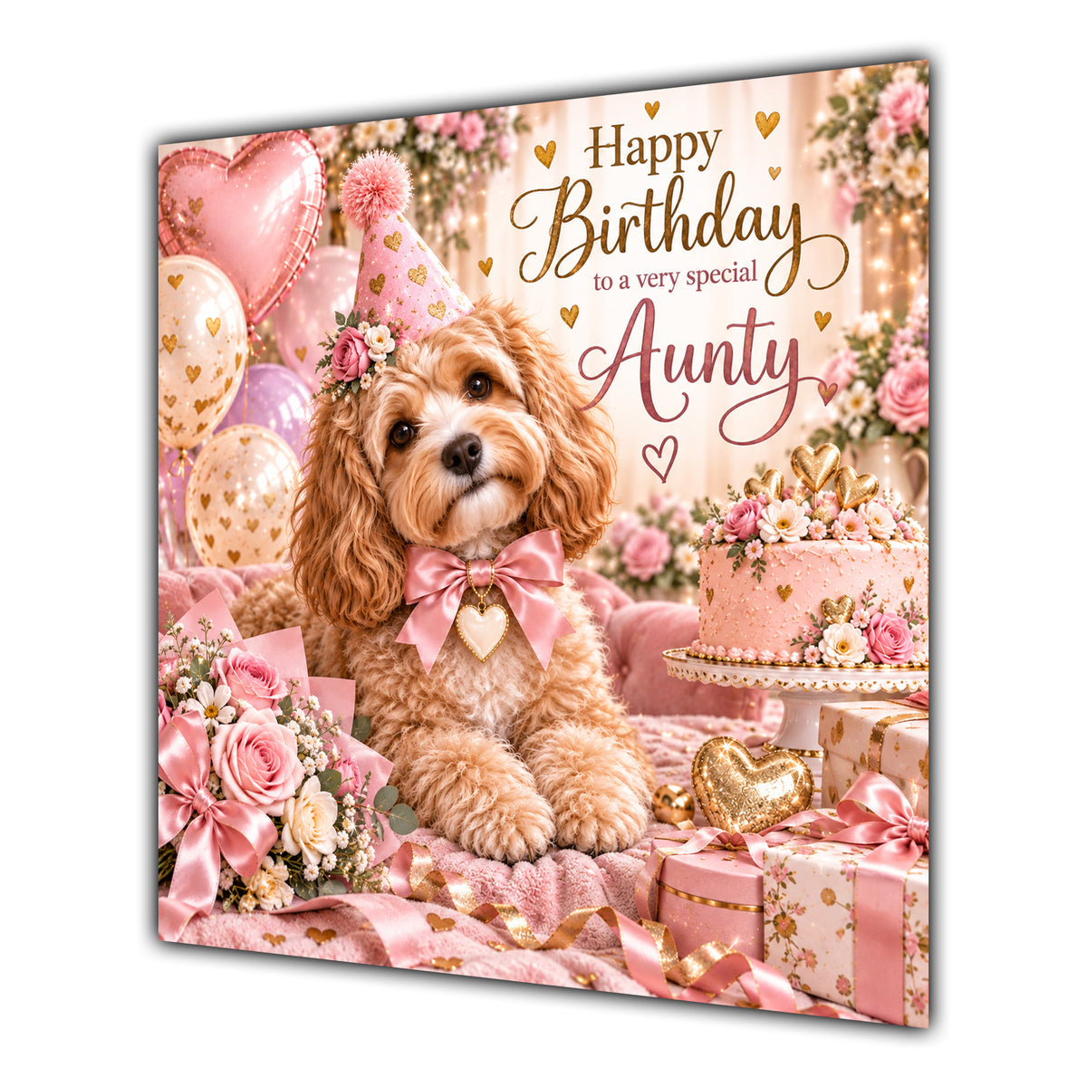 Aunty Birthday Card Cockapoo Dog Pink Balloons