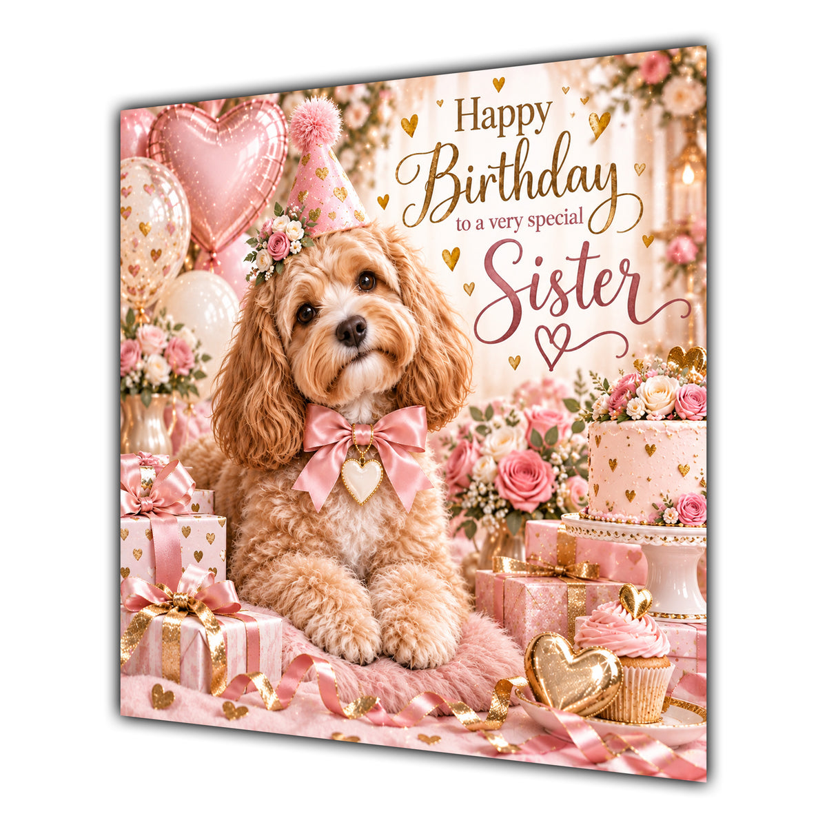 Sister Birthday Card Cockapoo Dog Pink Balloons